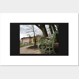 A bench in the park with a background of  South Hill Park Arts Centre, Bracknell, England, UK Posters and Art